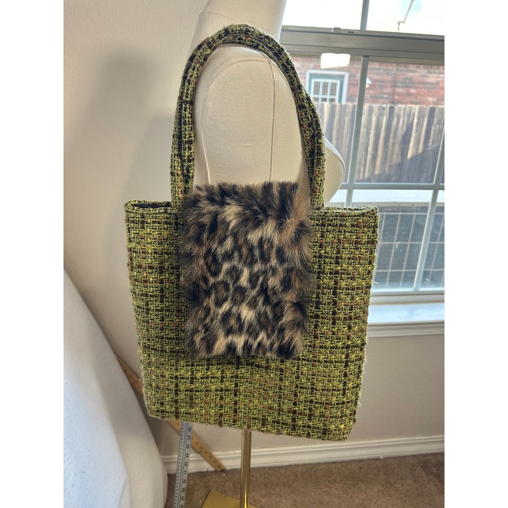 KurtMen Design Tweed Tote Bag Green Brown Faux Fur Leopard Print Accent